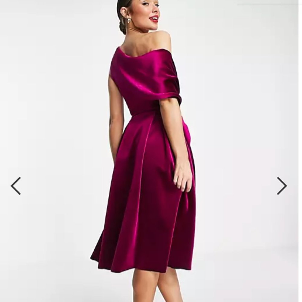 Velvet Bare Shoulder Midi Dress in Berry - Picture 3 of 11